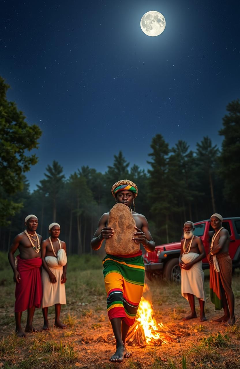 A 38-year-old black man, dressed in vibrant Rastafarian colors and wearing a Rastafarian woollen cap, carries a monolith in his hands through a serene forest clearing