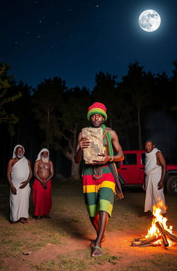 A 38-year-old black man, dressed in vibrant Rastafarian colors and wearing a Rastafarian woollen cap, carries a monolith in his hands through a serene forest clearing