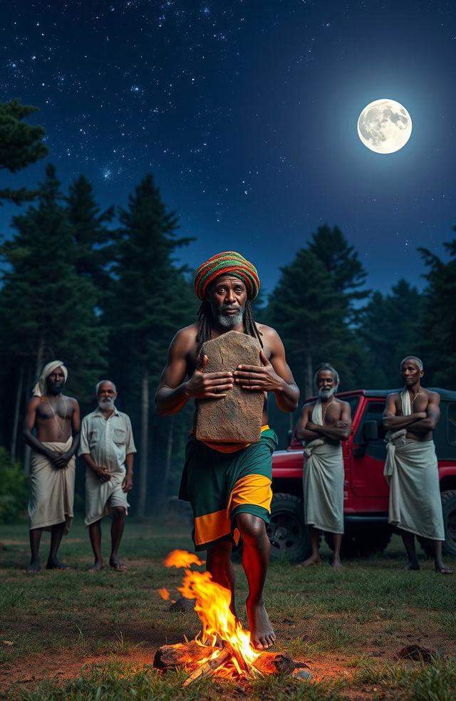 A 38-year-old black man, dressed in vibrant Rastafarian colors and wearing a Rastafarian woollen cap, carries a monolith in his hands through a serene forest clearing