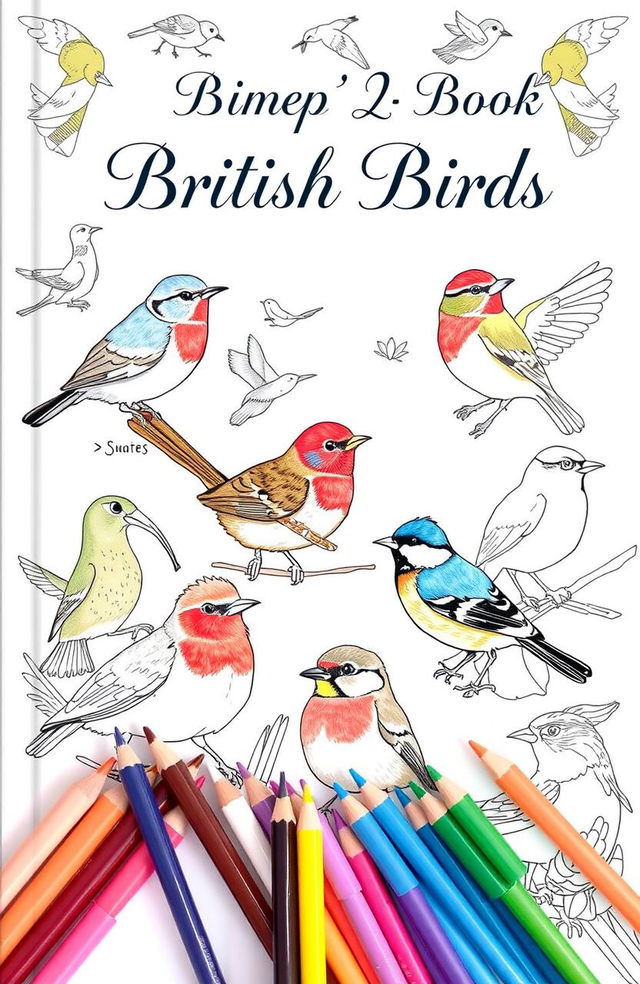 A whimsical book cover design featuring an array of British birds in various poses, beautifully illustrated with intricate line art