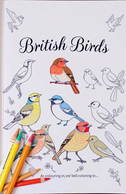 A whimsical book cover design featuring an array of British birds in various poses, beautifully illustrated with intricate line art