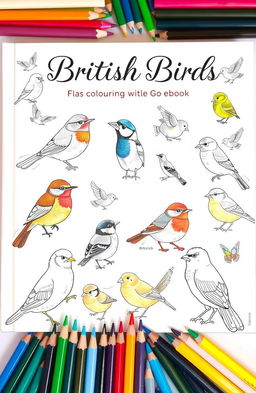 A whimsical book cover design featuring an array of British birds in various poses, beautifully illustrated with intricate line art