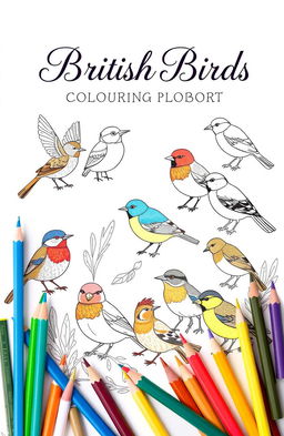 A whimsical book cover design featuring an array of British birds in various poses, beautifully illustrated with intricate line art