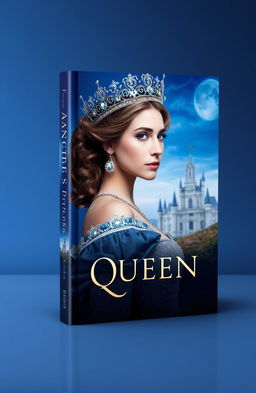 A beautifully designed book cover featuring a majestic queen adorned with a sparkling crown, set against a deep blue background