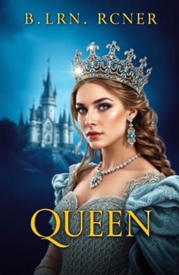 A beautifully designed book cover featuring a majestic queen adorned with a sparkling crown, set against a deep blue background