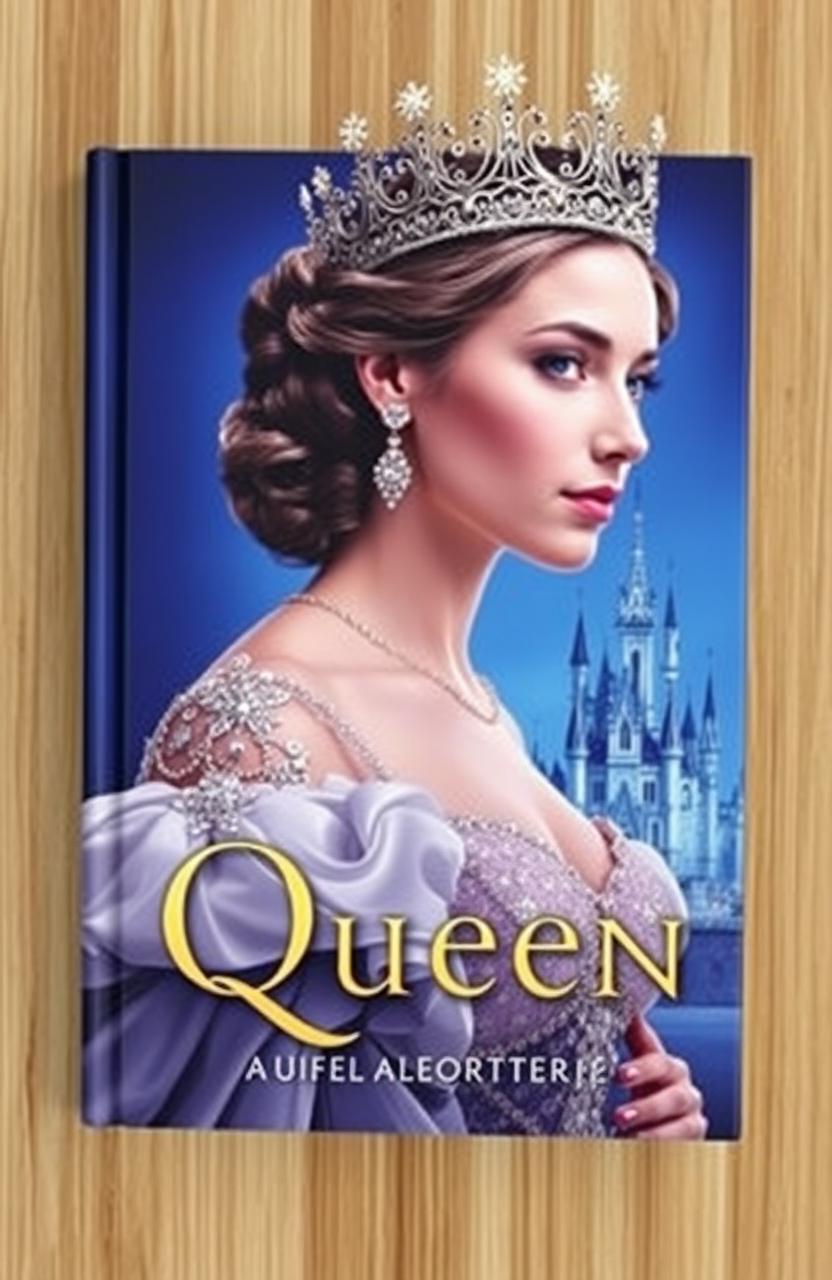 A beautifully designed book cover featuring a majestic queen adorned with a sparkling crown, set against a deep blue background