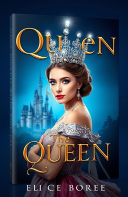 A beautifully designed book cover featuring a majestic queen adorned with a sparkling crown, set against a deep blue background