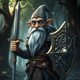 An elderly, skinny gnome paladin character, dressed in ornate, weathered armor that shows signs of age and battle