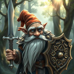 An elderly, skinny gnome paladin character, dressed in ornate, weathered armor that shows signs of age and battle