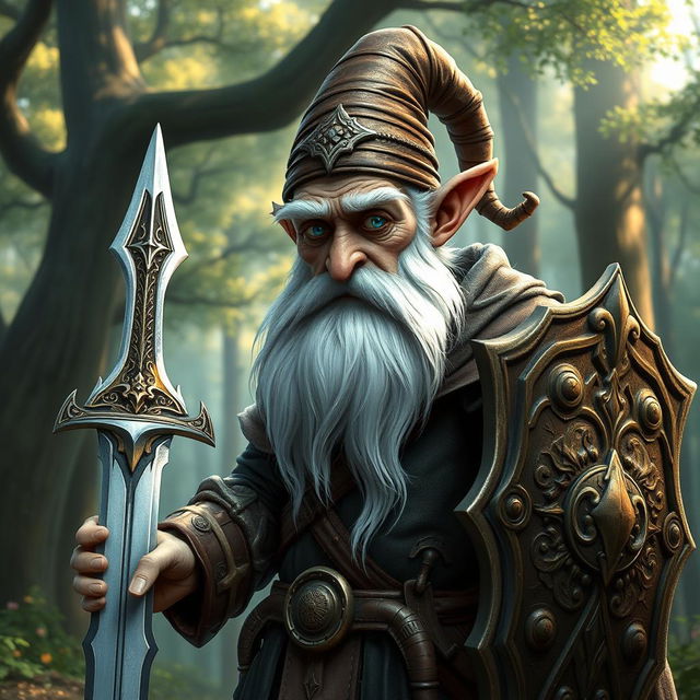 An elderly, skinny gnome paladin character, dressed in ornate, weathered armor that shows signs of age and battle