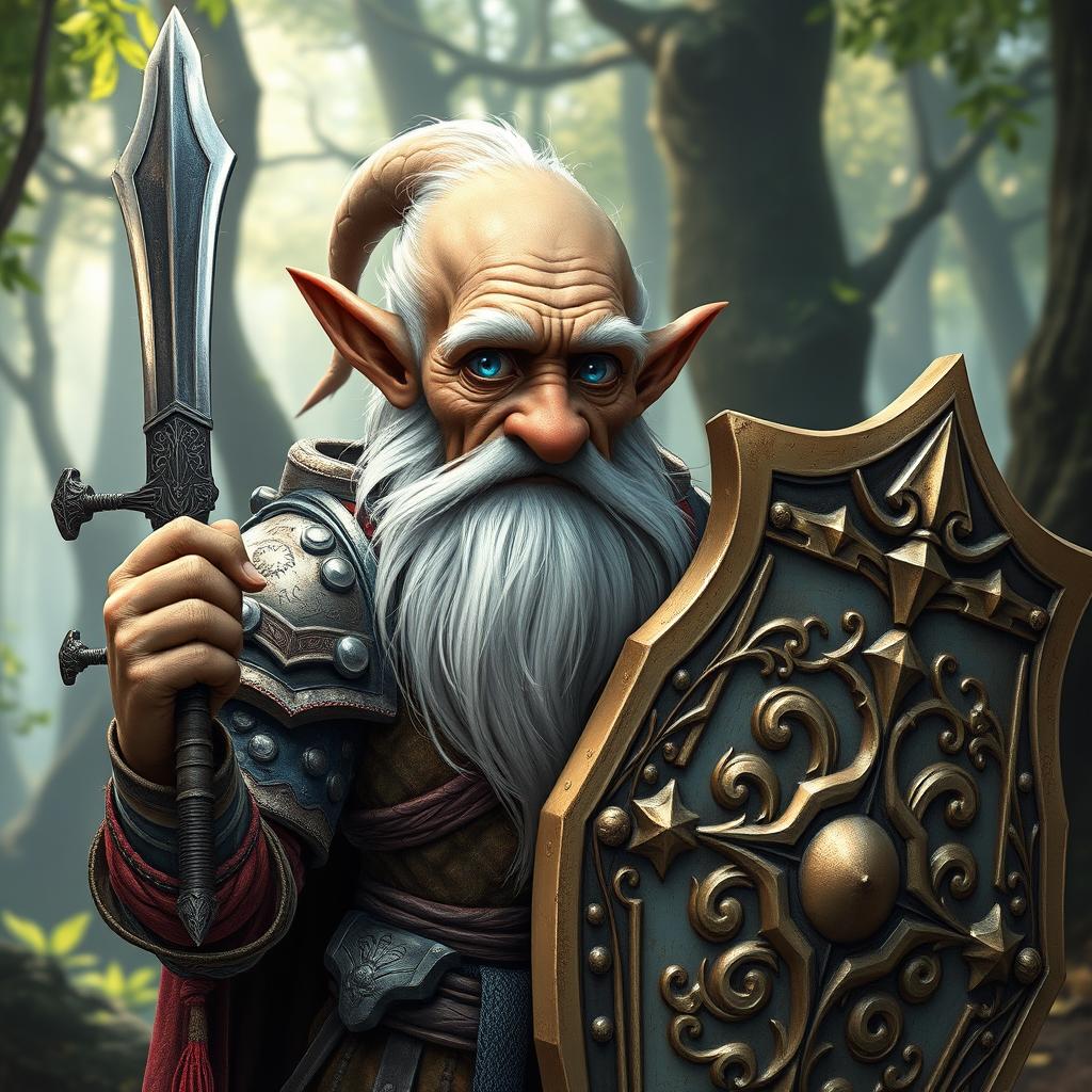 An elderly, skinny gnome paladin character, dressed in ornate, weathered armor that shows signs of age and battle