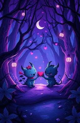 A whimsical yet dark illustration capturing a mystical, enchanted forest at twilight