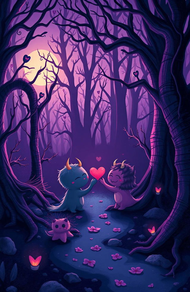 A whimsical yet dark illustration capturing a mystical, enchanted forest at twilight