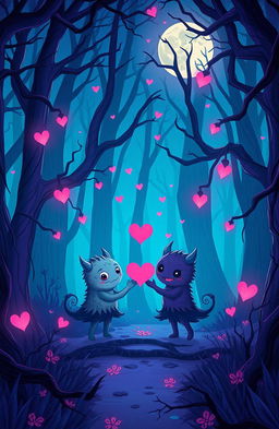 A whimsical yet dark illustration capturing a mystical, enchanted forest at twilight
