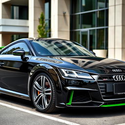 A sleek black Audi TTS car with vibrant green accents, showcasing its sporty design