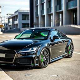 A sleek black Audi TTS car with vibrant green accents, showcasing its sporty design