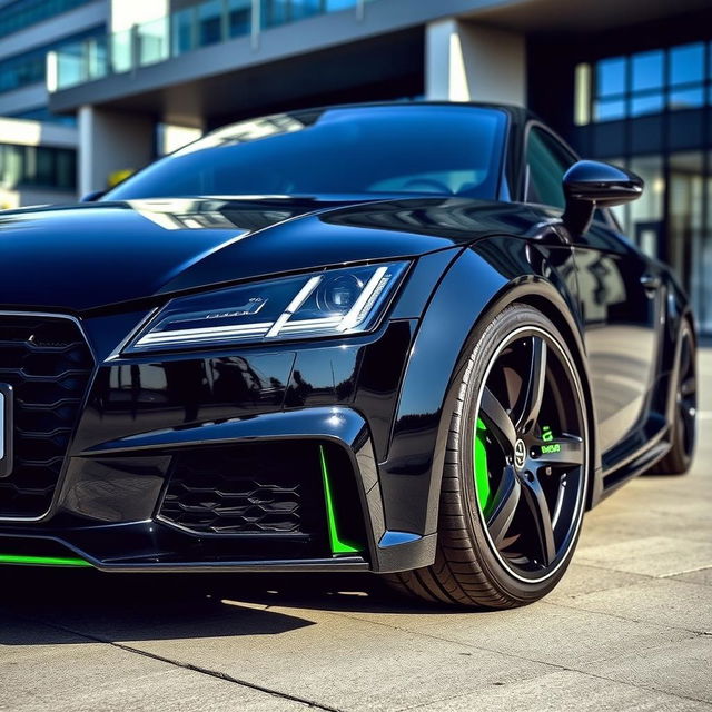 A sleek black Audi TTS car with vibrant green accents, showcasing its sporty design