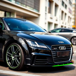 A sleek black Audi TTS car with vibrant green accents, showcasing its sporty design