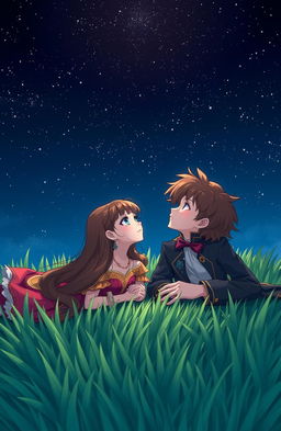 A scene of a boy and a girl laying on lush green grass, gazing up at a starry night sky