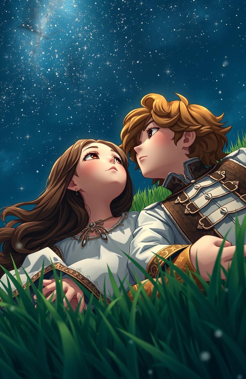 A scene of a boy and a girl laying on lush green grass, gazing up at a starry night sky