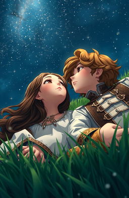 A scene of a boy and a girl laying on lush green grass, gazing up at a starry night sky