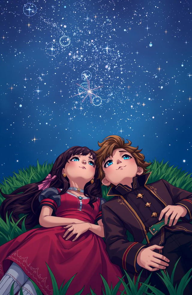 A scene of a boy and a girl laying on lush green grass, gazing up at a starry night sky