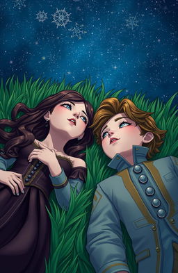 A scene of a boy and a girl laying on lush green grass, gazing up at a starry night sky