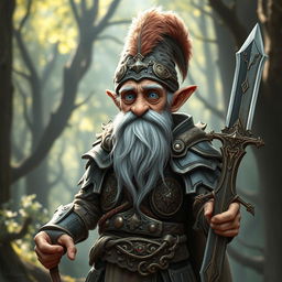 An elderly, skinny gnome paladin wearing a feathered helmet that adds a whimsical touch to his appearance