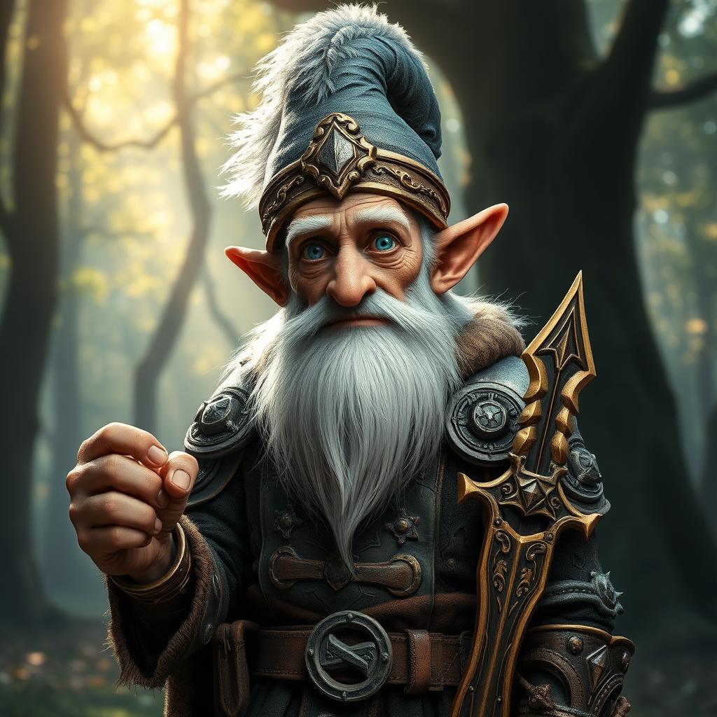 An elderly, skinny gnome paladin wearing a feathered helmet that adds a whimsical touch to his appearance