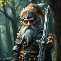 An elderly, skinny gnome paladin wearing a feathered helmet that adds a whimsical touch to his appearance