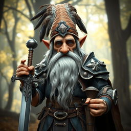 An elderly, skinny gnome paladin wearing a feathered helmet that adds a whimsical touch to his appearance