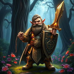 A heroic gnome paladin clad in ornate, shining armor
