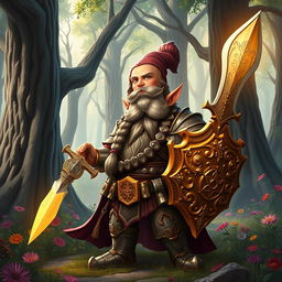 A heroic gnome paladin clad in ornate, shining armor