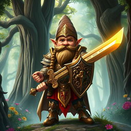 A heroic gnome paladin clad in ornate, shining armor