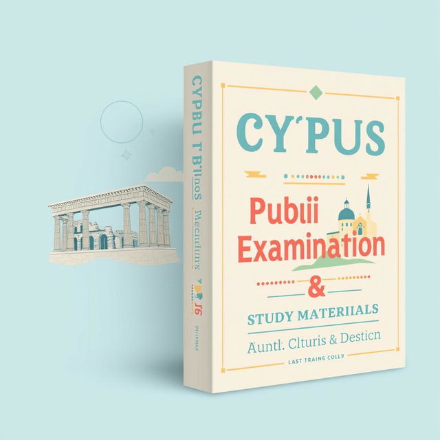 A book cover design for 'Cyprus Public Examination Study Materials and Questions', featuring a pastel blue theme with a retro design aesthetic