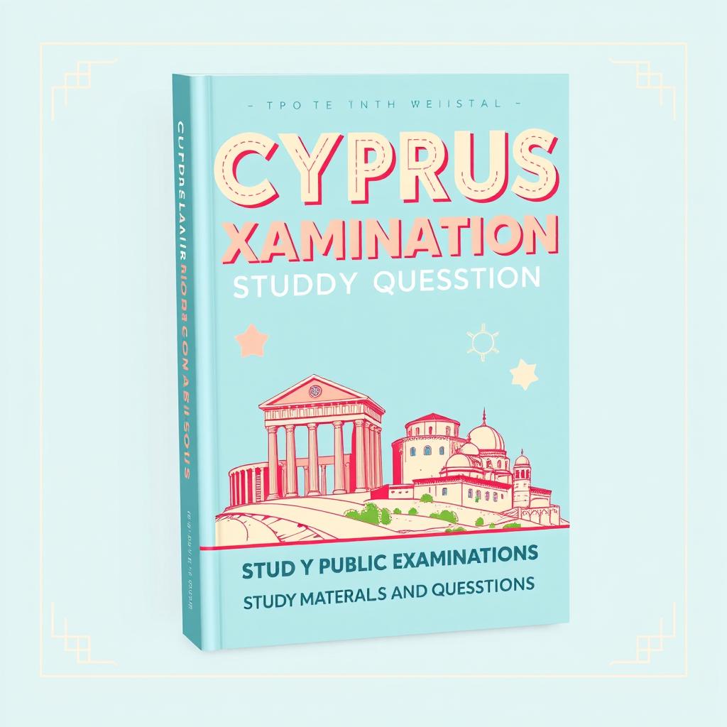 A book cover design for 'Cyprus Public Examination Study Materials and Questions', featuring a pastel blue theme with a retro design aesthetic