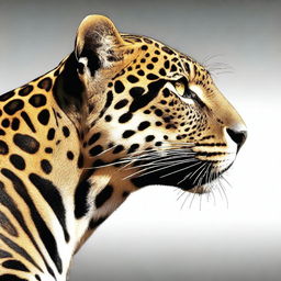 A highly detailed, side-profile image of a jaguar, with its face turned forward.