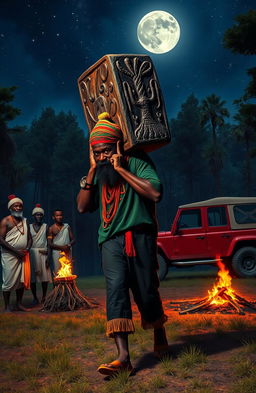 A 38-year-old black man with a thick beard, dressed in vibrant Rastafarian colors and wearing a traditional woollen Rastafarian cap, is depicted carrying a large monolith adorned with intricate carvings
