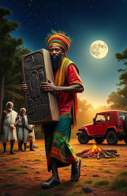 A 38-year-old black man with a thick beard, dressed in vibrant Rastafarian colors and wearing a traditional woollen Rastafarian cap, is depicted carrying a large monolith adorned with intricate carvings