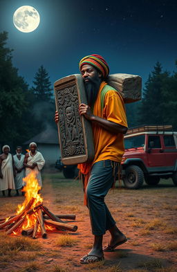 A 38-year-old black man with a thick beard, dressed in vibrant Rastafarian colors and wearing a traditional woollen Rastafarian cap, is depicted carrying a large monolith adorned with intricate carvings