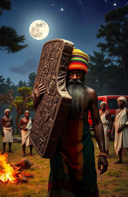 A 38-year-old black man with a thick beard, dressed in vibrant Rastafarian colors and wearing a traditional woollen Rastafarian cap, is depicted carrying a large monolith adorned with intricate carvings