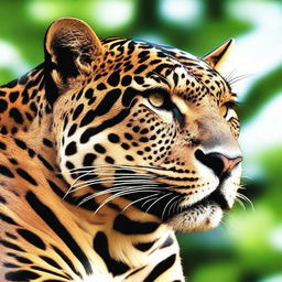 A highly detailed, side-profile image of a jaguar, with its face turned forward.