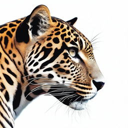 A highly detailed, side-profile image of a jaguar, with its face turned forward.