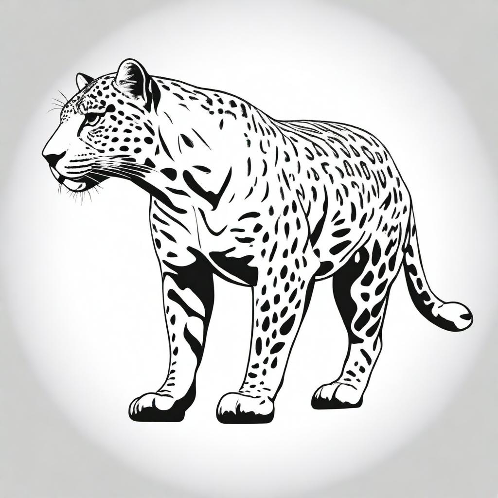 A detailed, full body illustration of a jaguar in profile, with its face turned towards the viewer.