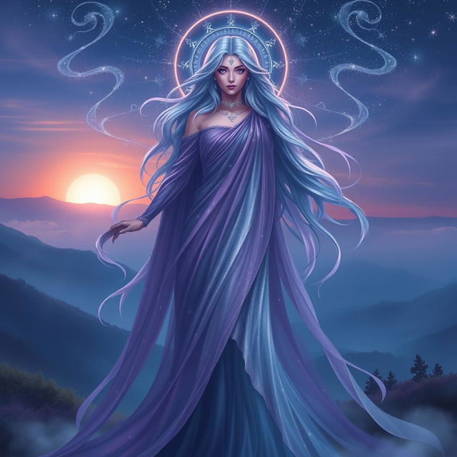 An enchanting portrayal of Vespera, the Goddess of Twilight and Harmony