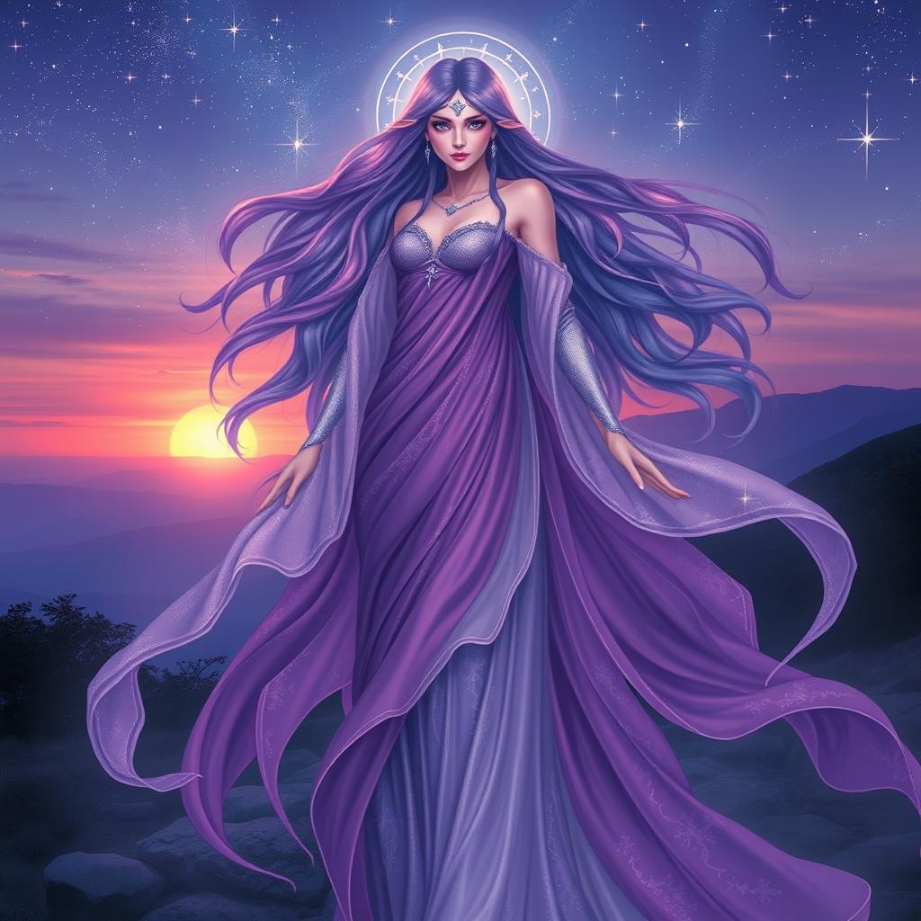 An enchanting portrayal of Vespera, the Goddess of Twilight and Harmony