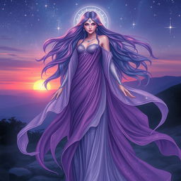 An enchanting portrayal of Vespera, the Goddess of Twilight and Harmony