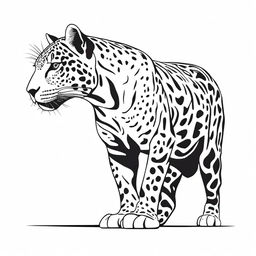 A detailed, full body illustration of a jaguar in profile, with its face turned towards the viewer.