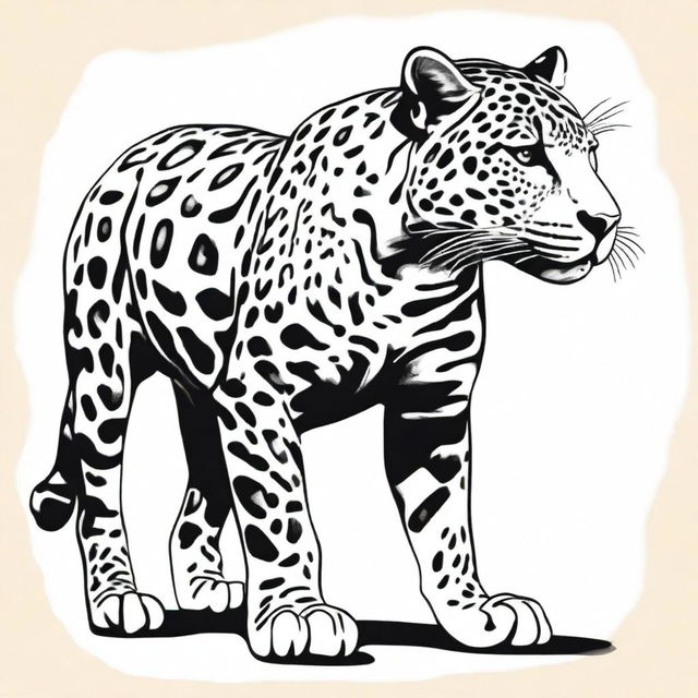 A detailed, full body illustration of a jaguar in profile, with its face turned towards the viewer.