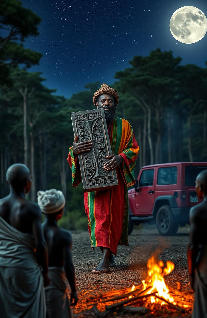 A 38-year-old black man with a distinctive beard, dressed in a vibrant Rastafarian colored robe and a woollen Rastafarian cap, is in a serene forest clearing